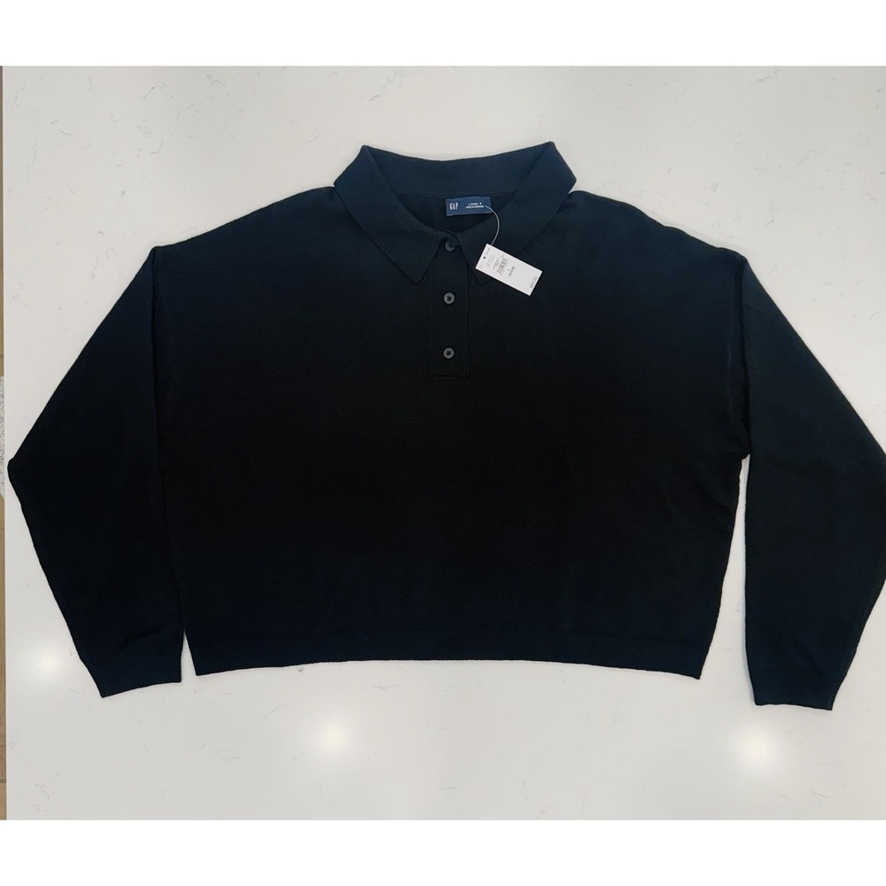 GAP Womens Black Knit Long Sleeve Collared Polo Sweater Petite L CashSoft
